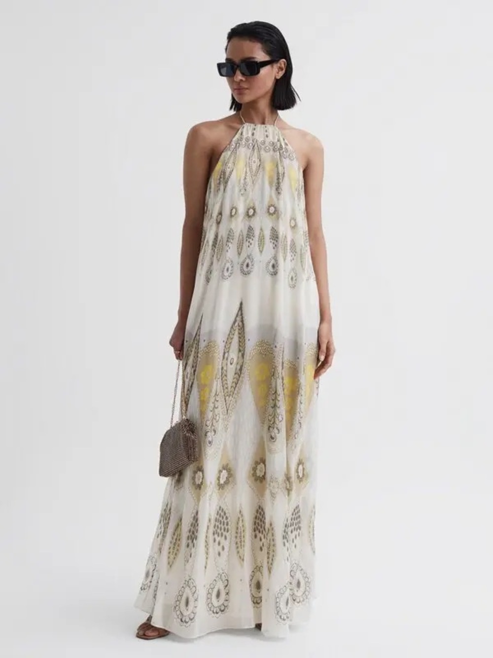 Reiss Liza Yellow Abstract Print Halter Maxi Dress